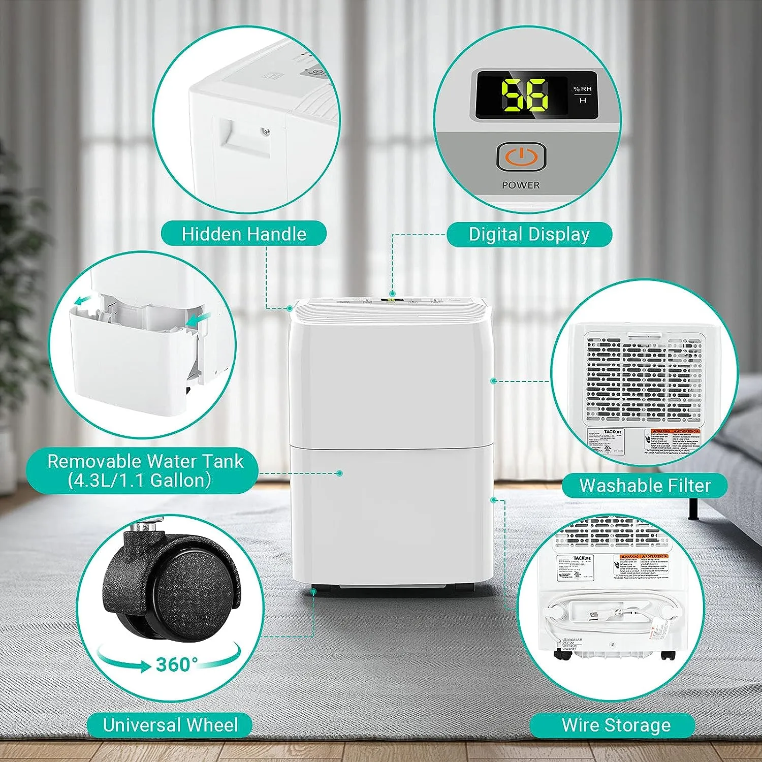 Dehumidifier, 3000 Sq.ft Portable Home Dehumidifier with Auto-shut Off and Continuous Drainage, 24H Built-in Timer