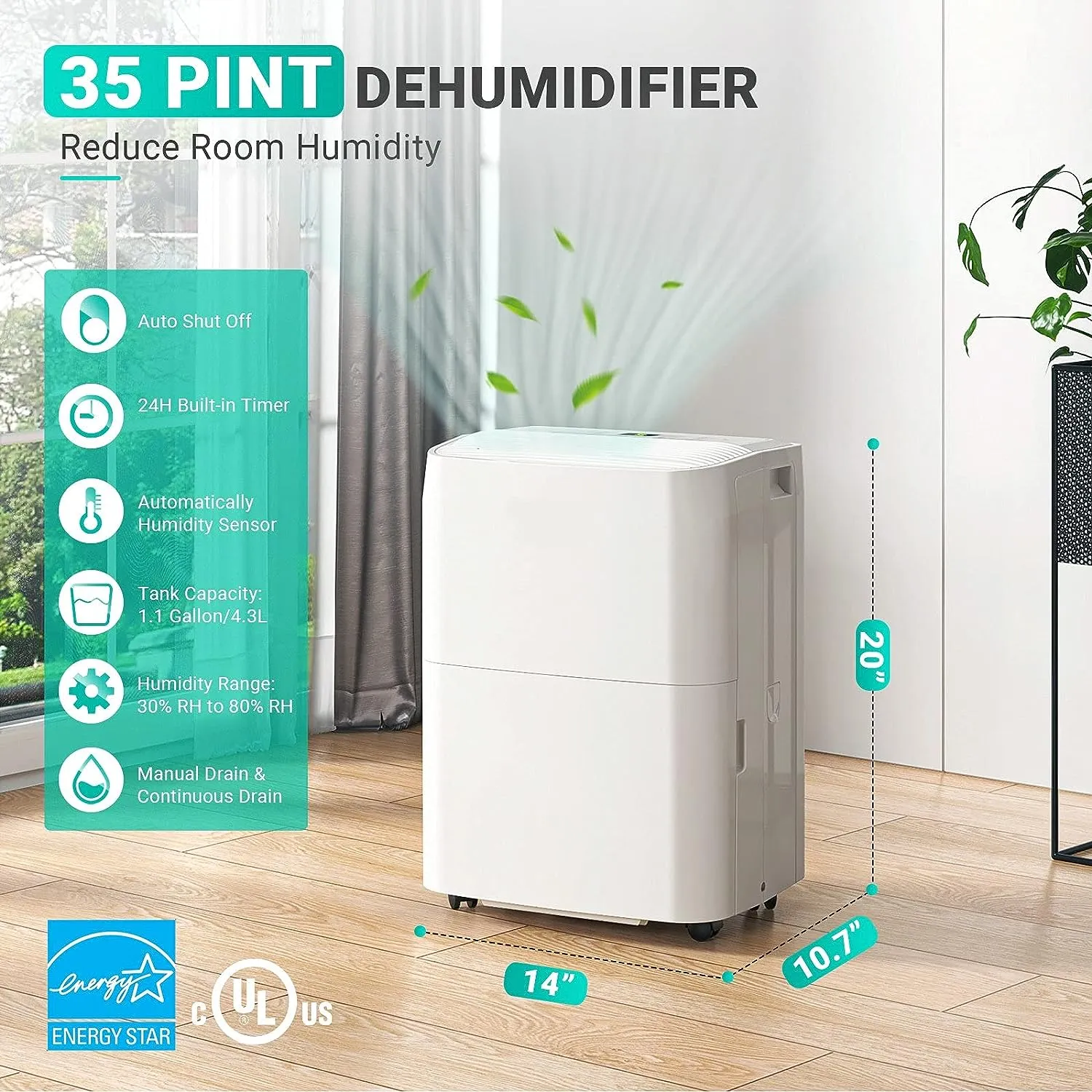 Dehumidifier, 3000 Sq.ft Portable Home Dehumidifier with Auto-shut Off and Continuous Drainage, 24H Built-in Timer