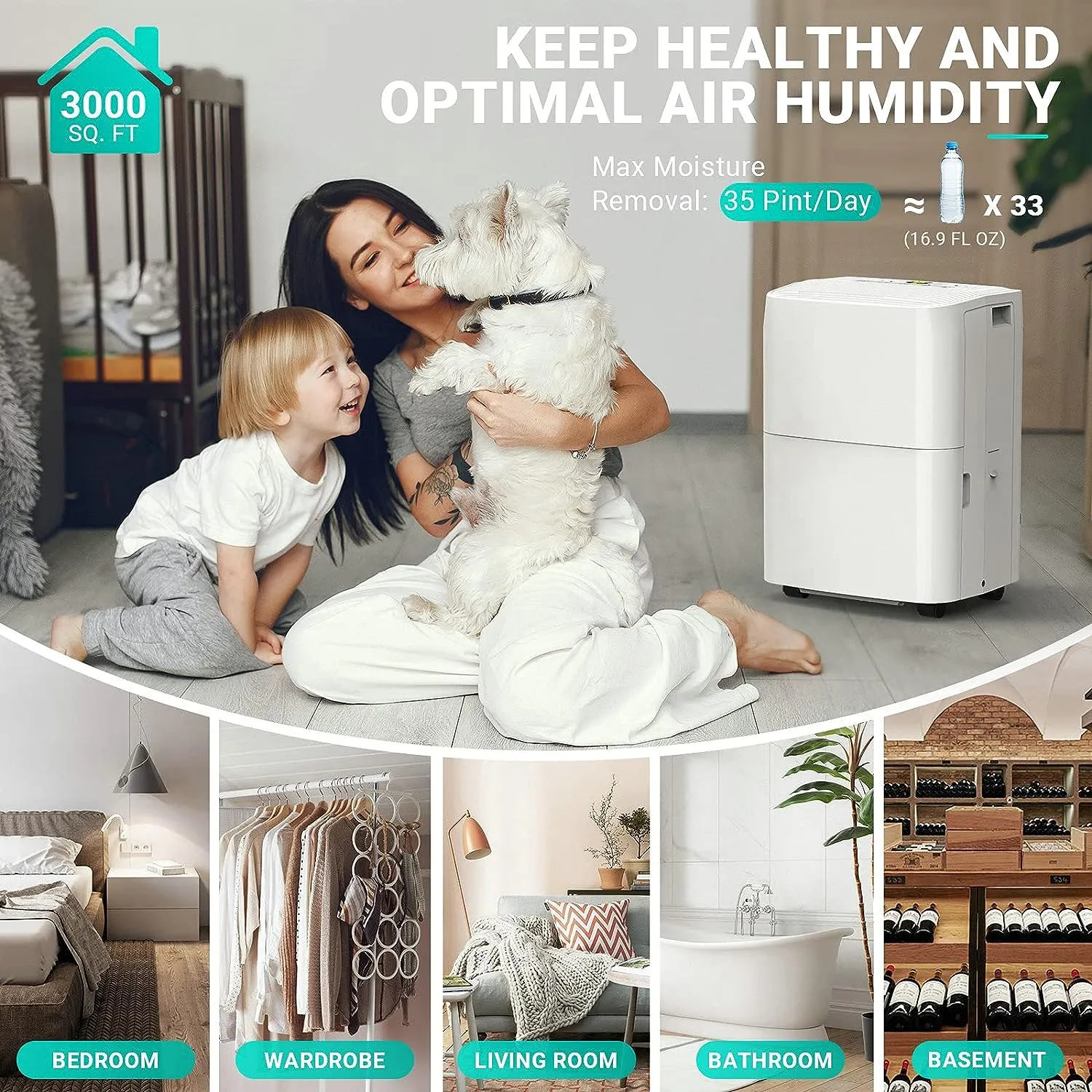 Dehumidifier, 3000 Sq.ft Portable Home Dehumidifier with Auto-shut Off and Continuous Drainage, 24H Built-in Timer