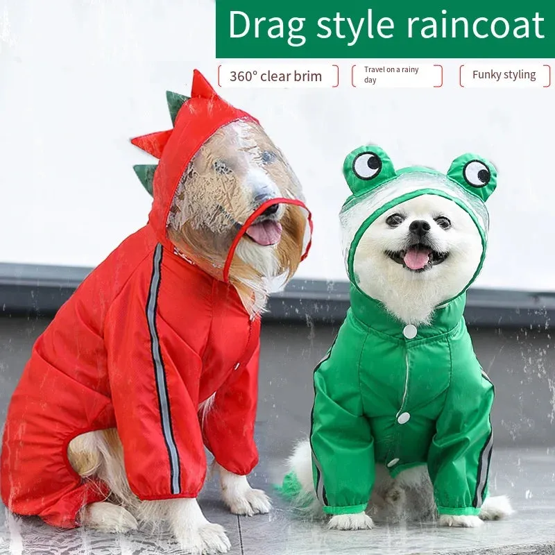 Dog Frog Dinosaur Raincoat - Waterproof Large Dog Rain Coat Jacket - Reflective Adjustable Pet Raincoat with Hood