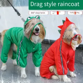 Dog Frog Dinosaur Raincoat - Waterproof Large Dog Rain Coat Jacket - Reflective Adjustable Pet Raincoat with Hood
