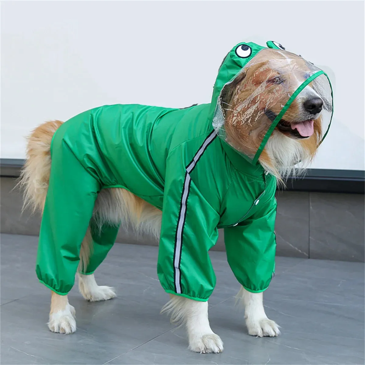 Dog Frog Dinosaur Raincoat - Waterproof Large Dog Rain Coat Jacket - Reflective Adjustable Pet Raincoat with Hood