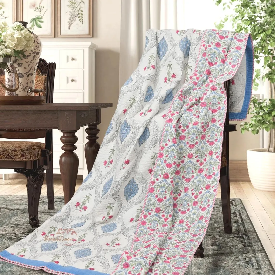 FEELRAX 380 GSM Jaipuri Razai Hand Block Machine Quilting Printed Quilted Bedspread Bedcover with 2 Pillow Cover Winter Cotton King Size Quilt Razai - King Size Multicolor, Rajai 108X108 Inch