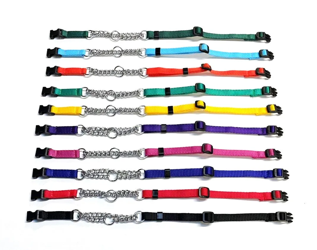 Half Check Chain Dog Collar Adjustable 13mm Wide Webbing 2 Sizes 19 Colours