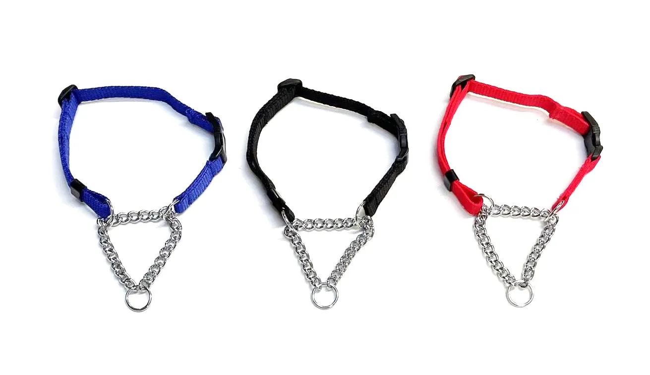 Half Check Chain Dog Collar Adjustable 13mm Wide Webbing 2 Sizes 19 Colours