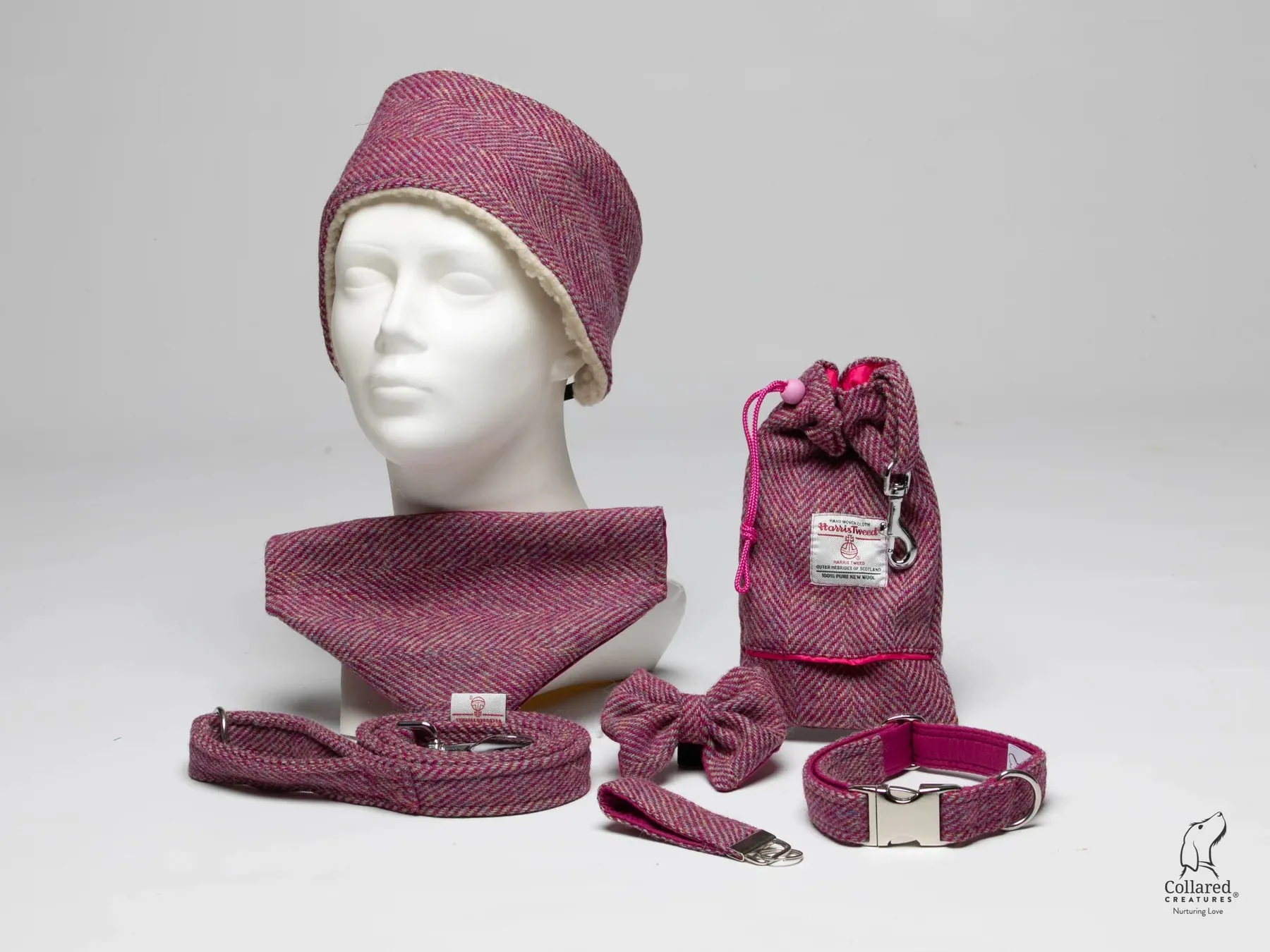 Harris Tweed Raspberry and Coral Herringbone Dog Collar
