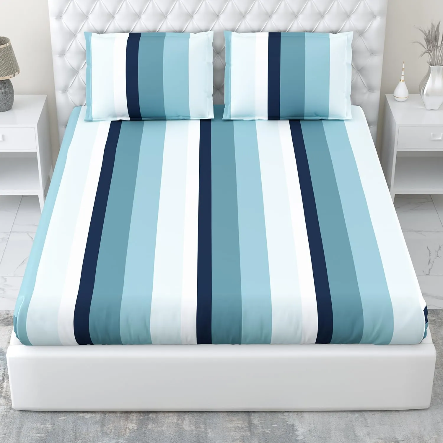 Haus & Kinder Bedsheet for Double Bed, Elastic Fitted King Size | 186 TC 1 Fitted Elastic Bed Sheet for King Size Bed and 2 Pillow Covers (72 X 78 Inches   13 Inch Deep Pocket) | Coastal Stripes Navy