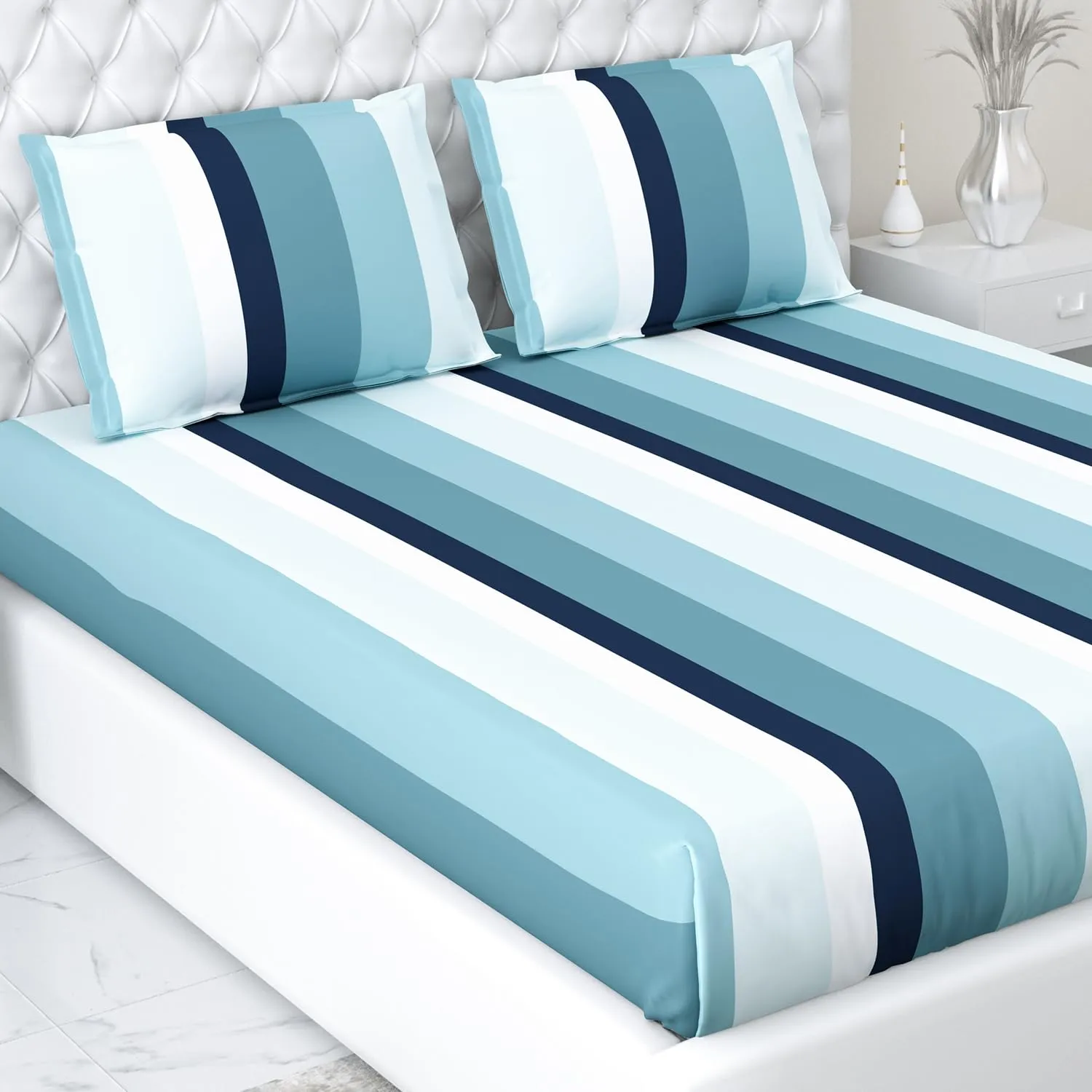 Haus & Kinder Bedsheet for Double Bed, Elastic Fitted King Size | 186 TC 1 Fitted Elastic Bed Sheet for King Size Bed and 2 Pillow Covers (72 X 78 Inches   13 Inch Deep Pocket) | Coastal Stripes Navy