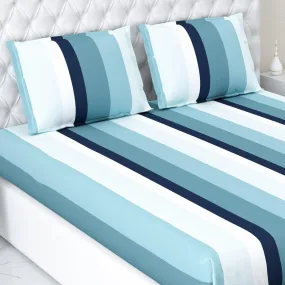 Haus & Kinder Bedsheet for Double Bed, Elastic Fitted King Size | 186 TC 1 Fitted Elastic Bed Sheet for King Size Bed and 2 Pillow Covers (72 X 78 Inches   13 Inch Deep Pocket) | Coastal Stripes Navy