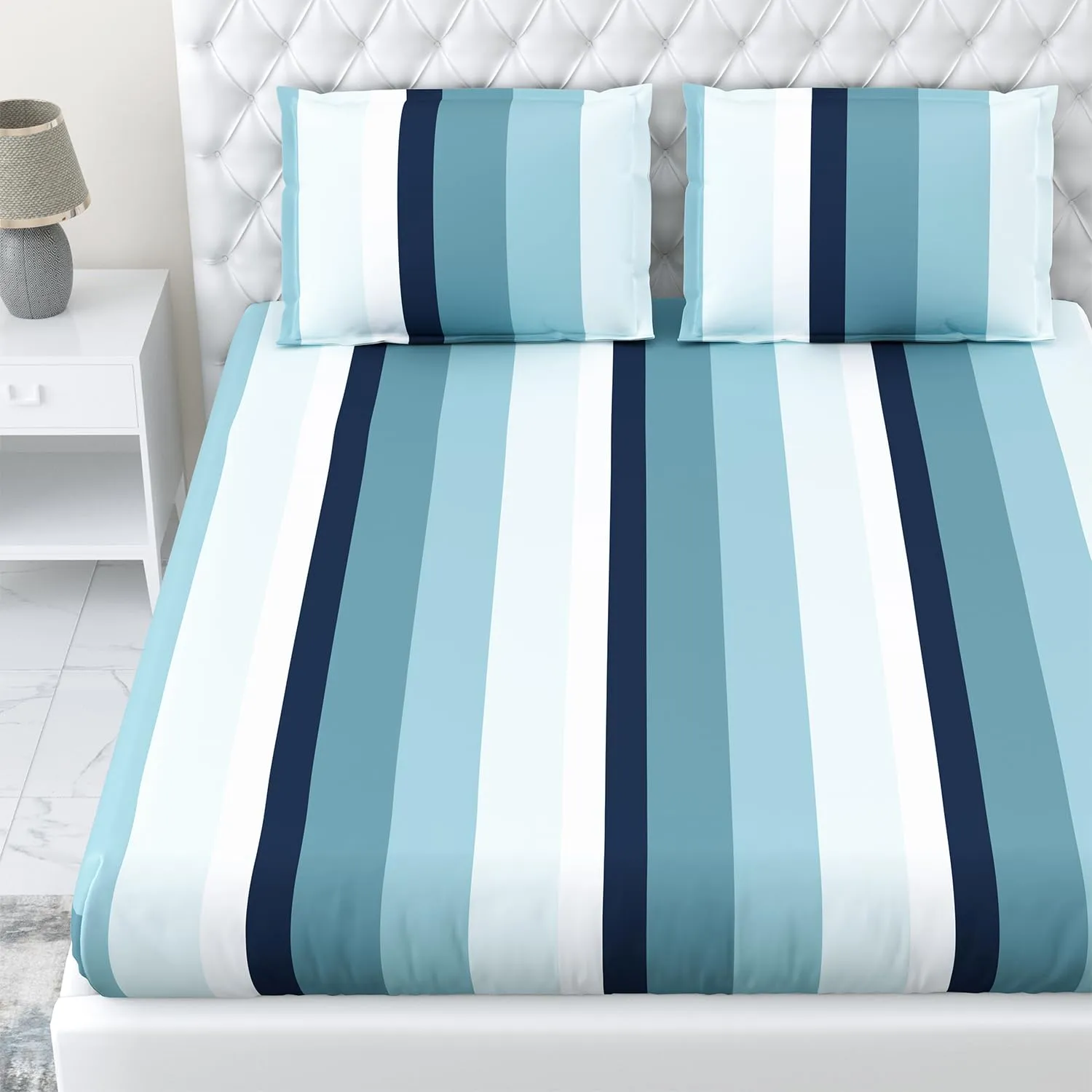 Haus & Kinder Bedsheet for Double Bed, Elastic Fitted King Size | 186 TC 1 Fitted Elastic Bed Sheet for King Size Bed and 2 Pillow Covers (72 X 78 Inches   13 Inch Deep Pocket) | Coastal Stripes Navy