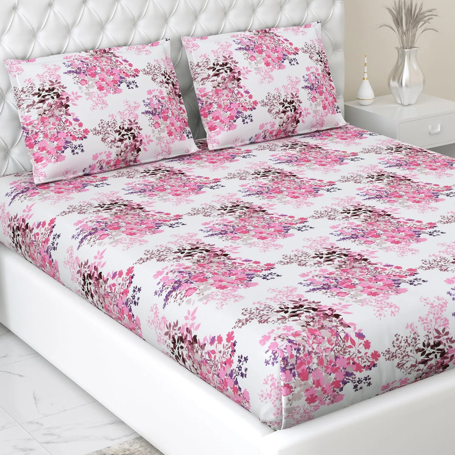 Haus & Kinder Bedsheet for Double Bed, Elastic Fitted King Size | 186 TC 1 Fitted Elastic Bed Sheet for King Size Bed and 2 Pillow Covers (72 X 78 Inches   13 Inches Deep Pocket) | Pink