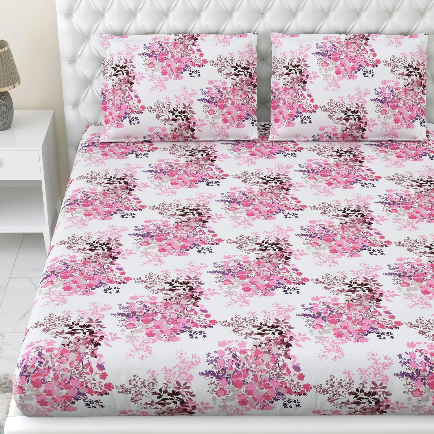 Haus & Kinder Bedsheet for Double Bed, Elastic Fitted King Size | 186 TC 1 Fitted Elastic Bed Sheet for King Size Bed and 2 Pillow Covers (72 X 78 Inches   13 Inches Deep Pocket) | Pink