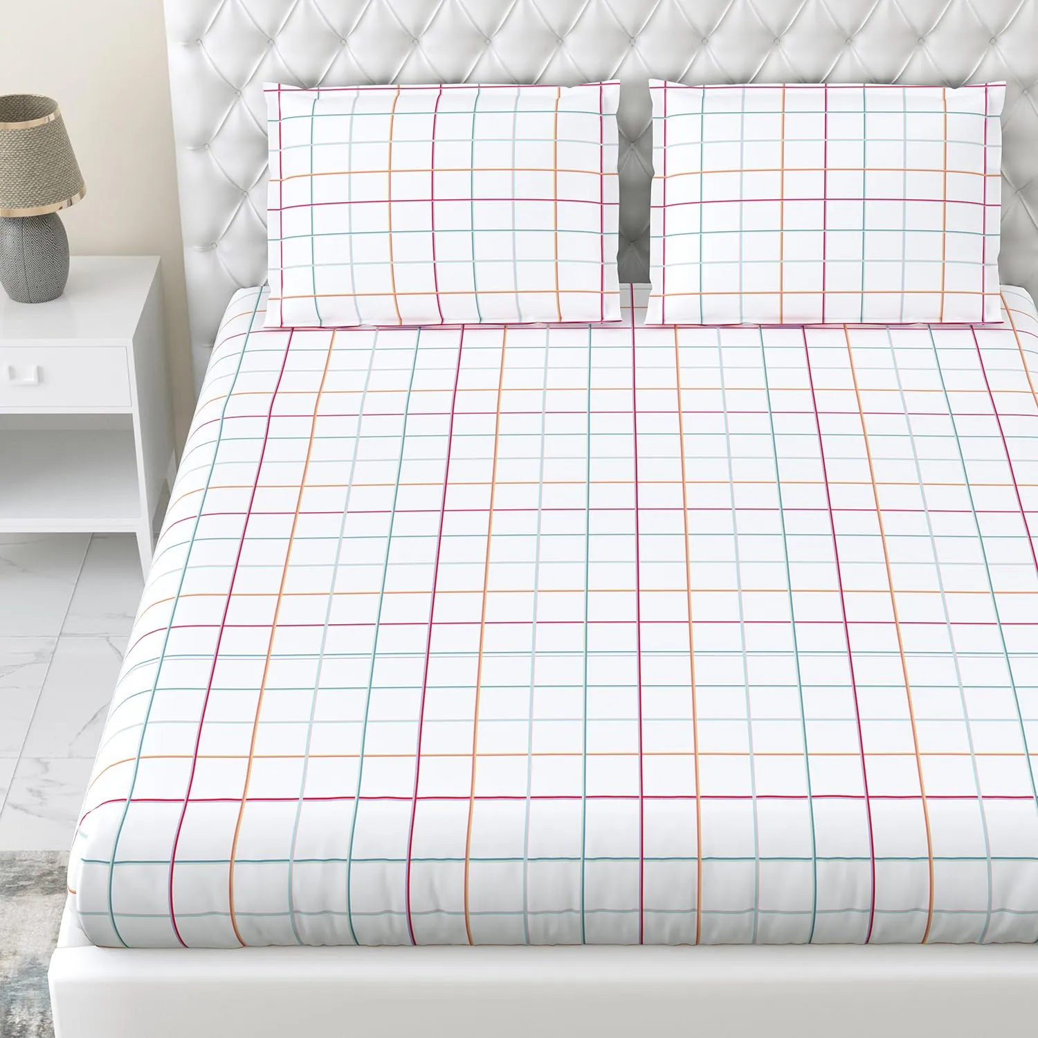 Haus & Kinder Bedsheet for Double Bed, Elastic Fitted King Size | 186 TC 1 Fitted Elastic Bed Sheet for King Size Bed and 2 Pillow Covers (72 X 78 Inches   13 Inches Deep Pocket) | Rainbow Checks