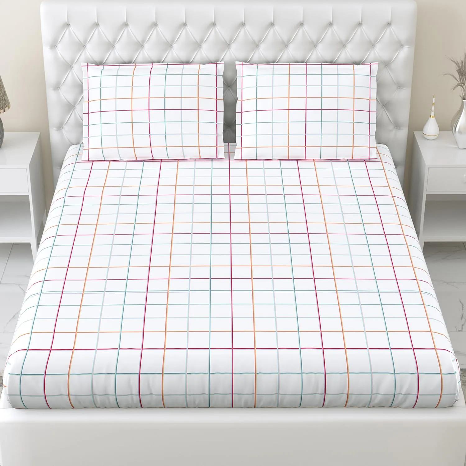 Haus & Kinder Bedsheet for Double Bed, Elastic Fitted King Size | 186 TC 1 Fitted Elastic Bed Sheet for King Size Bed and 2 Pillow Covers (72 X 78 Inches   13 Inches Deep Pocket) | Rainbow Checks