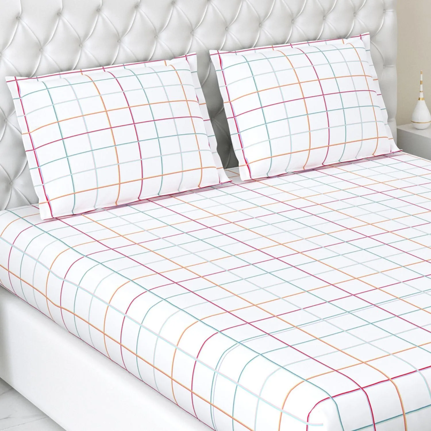Haus & Kinder Bedsheet for Double Bed, Elastic Fitted King Size | 186 TC 1 Fitted Elastic Bed Sheet for King Size Bed and 2 Pillow Covers (72 X 78 Inches   13 Inches Deep Pocket) | Rainbow Checks