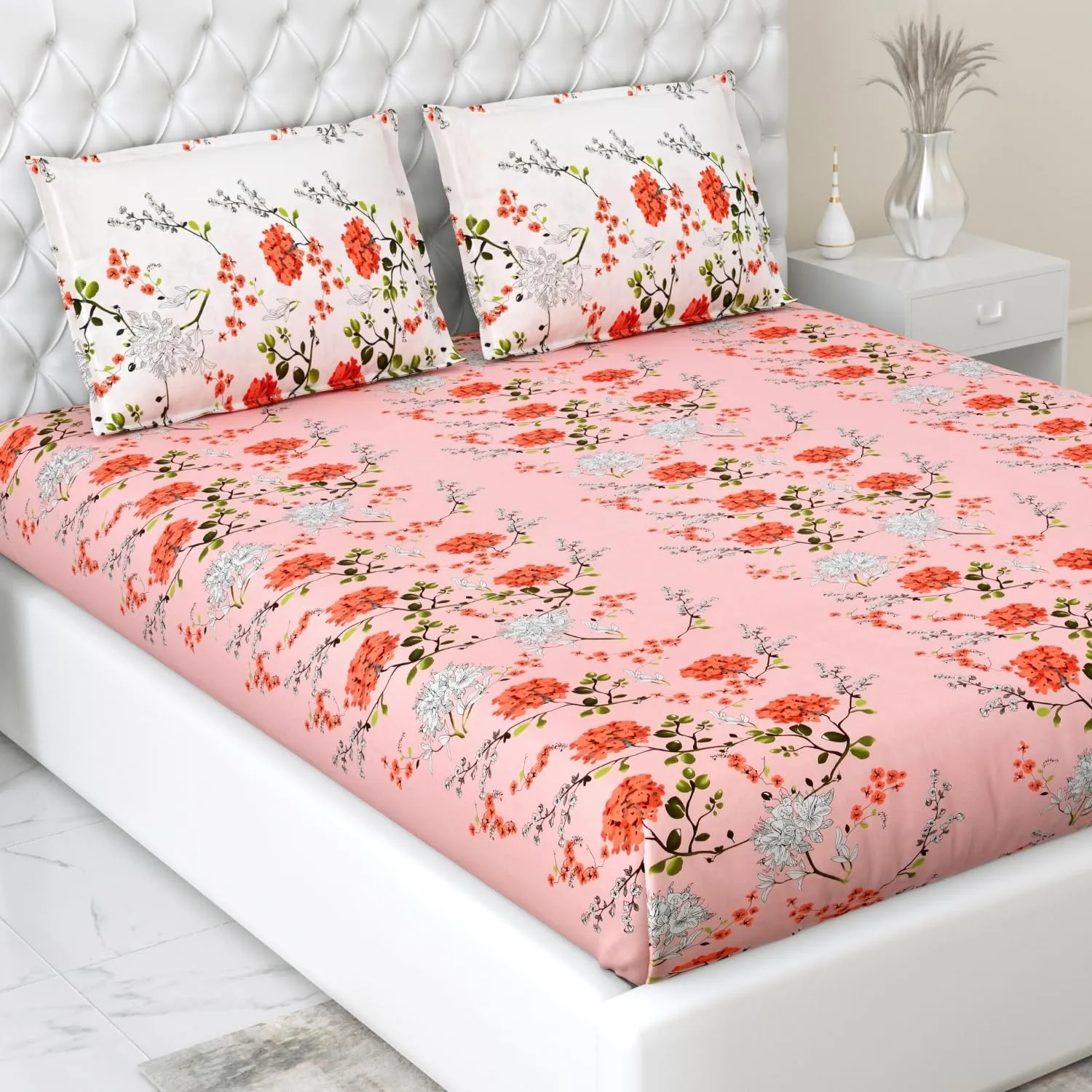 haus & kinder Bedsheet for Double Bed, Elastic Fitted King Size | 186 TC 1 Fitted Elastic Bed Sheet for King Size Bed and 2 Pillow Covers (72 X 78 Inches   13 Inches Deep Pocket) | VSD Pink