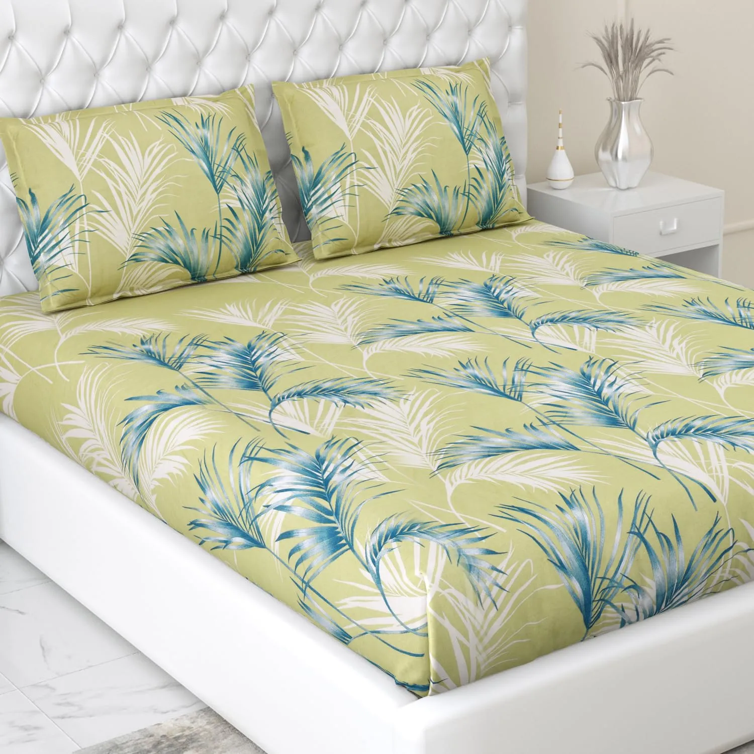 Haus & Kinder Bedsheet for Double Bed, Elastic Fitted Queen Size | 186 TC Cotton Fitted Elastic Bed Sheet for Double Size (78 X 60 Inches   13 Inches Deep Pocket) | Botanical Bliss Blue