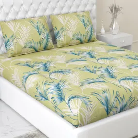 Haus & Kinder Bedsheet for Double Bed, Elastic Fitted Queen Size | 186 TC Cotton Fitted Elastic Bed Sheet for Double Size (78 X 60 Inches   13 Inches Deep Pocket) | Botanical Bliss Blue