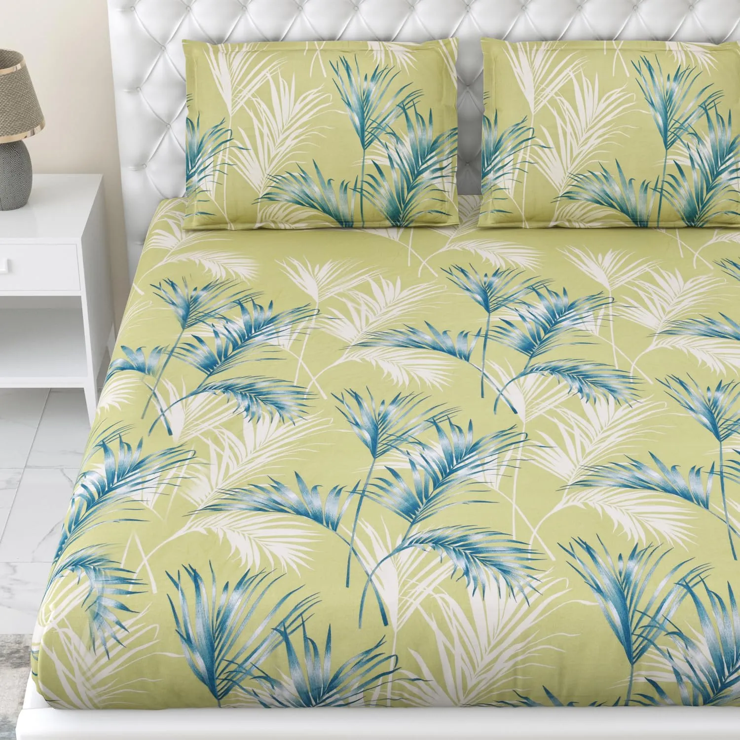 Haus & Kinder Bedsheet for Double Bed, Elastic Fitted Queen Size | 186 TC Cotton Fitted Elastic Bed Sheet for Double Size (78 X 60 Inches   13 Inches Deep Pocket) | Botanical Bliss Blue