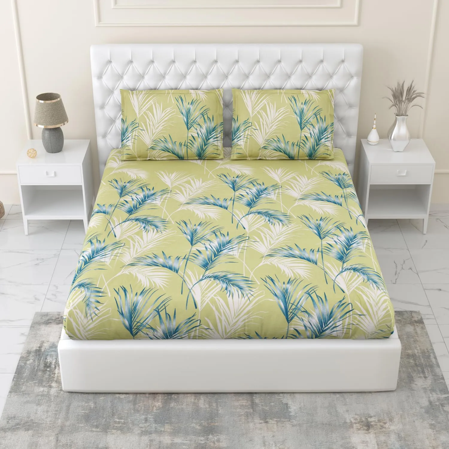 Haus & Kinder Bedsheet for Double Bed, Elastic Fitted Queen Size | 186 TC Cotton Fitted Elastic Bed Sheet for Double Size (78 X 60 Inches   13 Inches Deep Pocket) | Botanical Bliss Blue