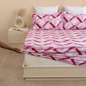 HOMEMONDE 210 TC Cotton Elastic Bedsheet King Size Mattress 84 x 78 Inches Wrinkle Free Geometric Printed Fitted Sheet with 2 Pillow Covers, Baby Pink