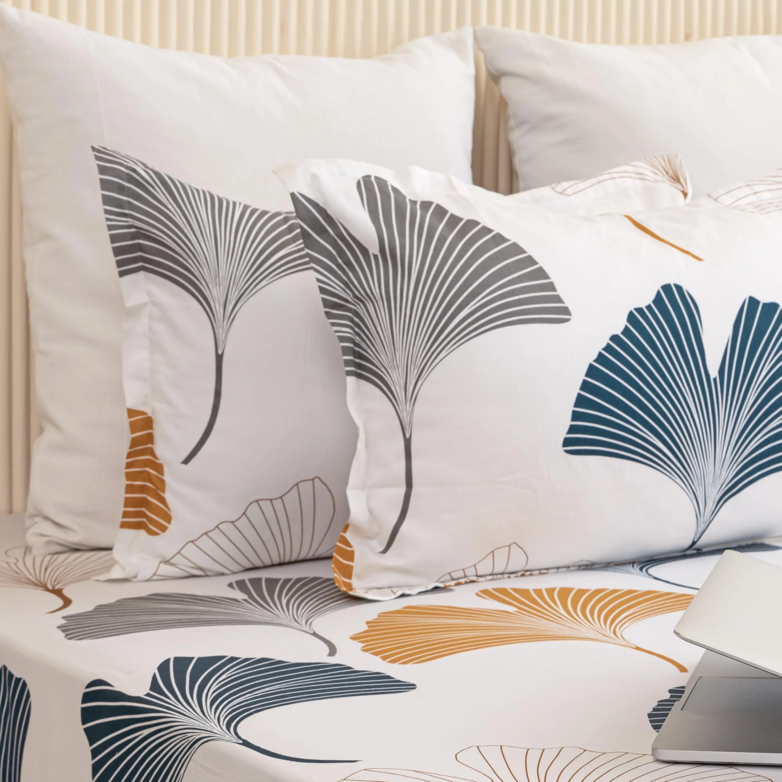 HOMEMONDE Premium Cotton Elastic Fitted Bedsheets with 2 Pillow Cover Leaf Printed Fitted Bed Sheet for Double Size Mattress - 78 x 72 Inch, Mustard and Grey