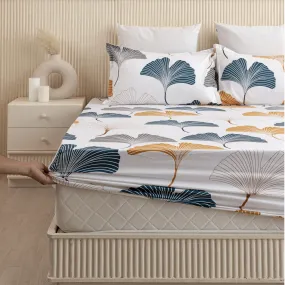 HOMEMONDE Premium Cotton Elastic Fitted Bedsheets with 2 Pillow Cover Leaf Printed Fitted Bed Sheet for Double Size Mattress - 78 x 72 Inch, Mustard and Grey