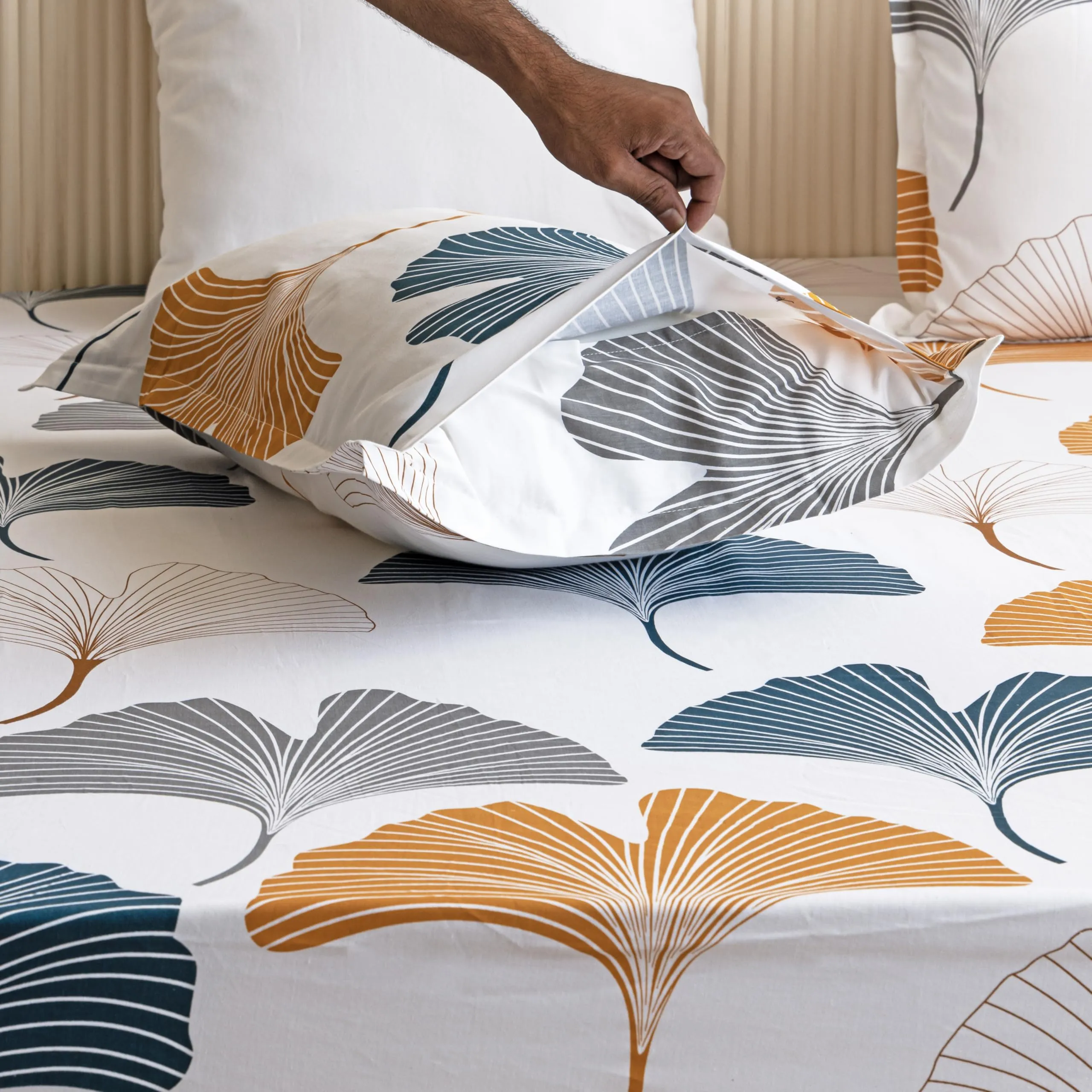 HOMEMONDE Premium Cotton Elastic Fitted Bedsheets with 2 Pillow Cover Leaf Printed Fitted Bed Sheet for Double Size Mattress - 78 x 72 Inch, Mustard and Grey
