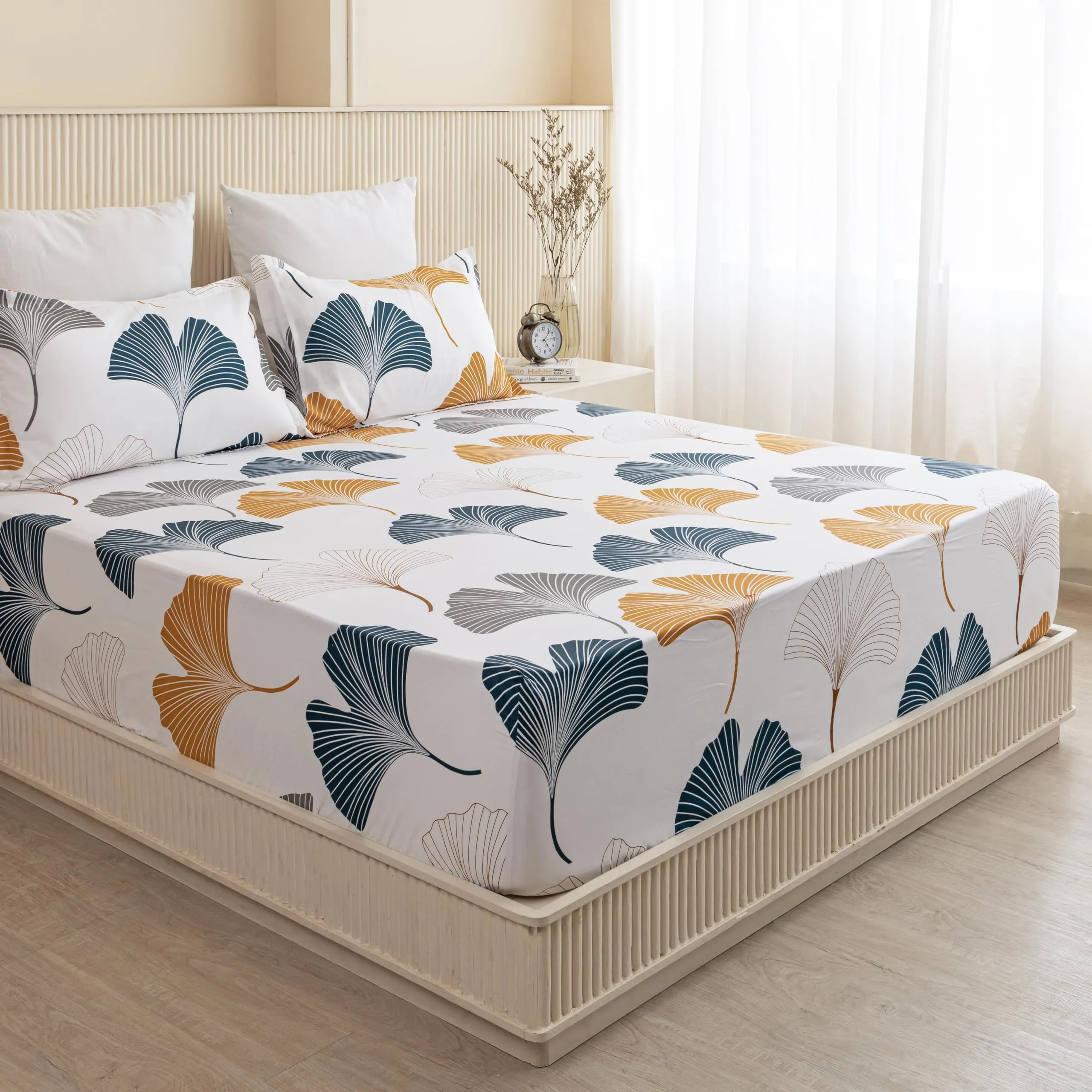 HOMEMONDE Premium Cotton Elastic Fitted Bedsheets with 2 Pillow Cover Leaf Printed Fitted Bed Sheet for Double Size Mattress - 78 x 72 Inch, Mustard and Grey