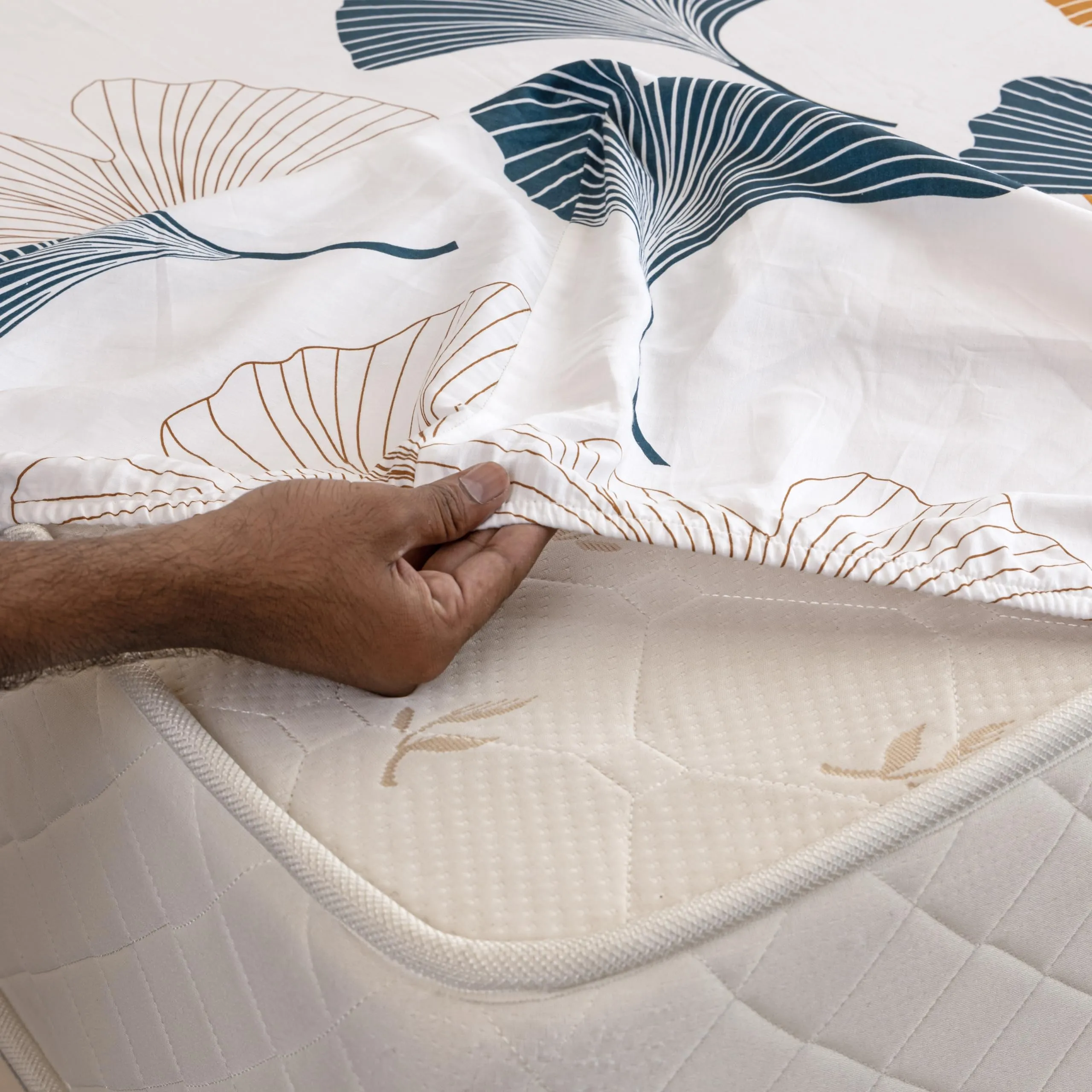 HOMEMONDE Premium Cotton Elastic Fitted Bedsheets with 2 Pillow Cover Leaf Printed Fitted Bed Sheet for Double Size Mattress - 78 x 72 Inch, Mustard and Grey