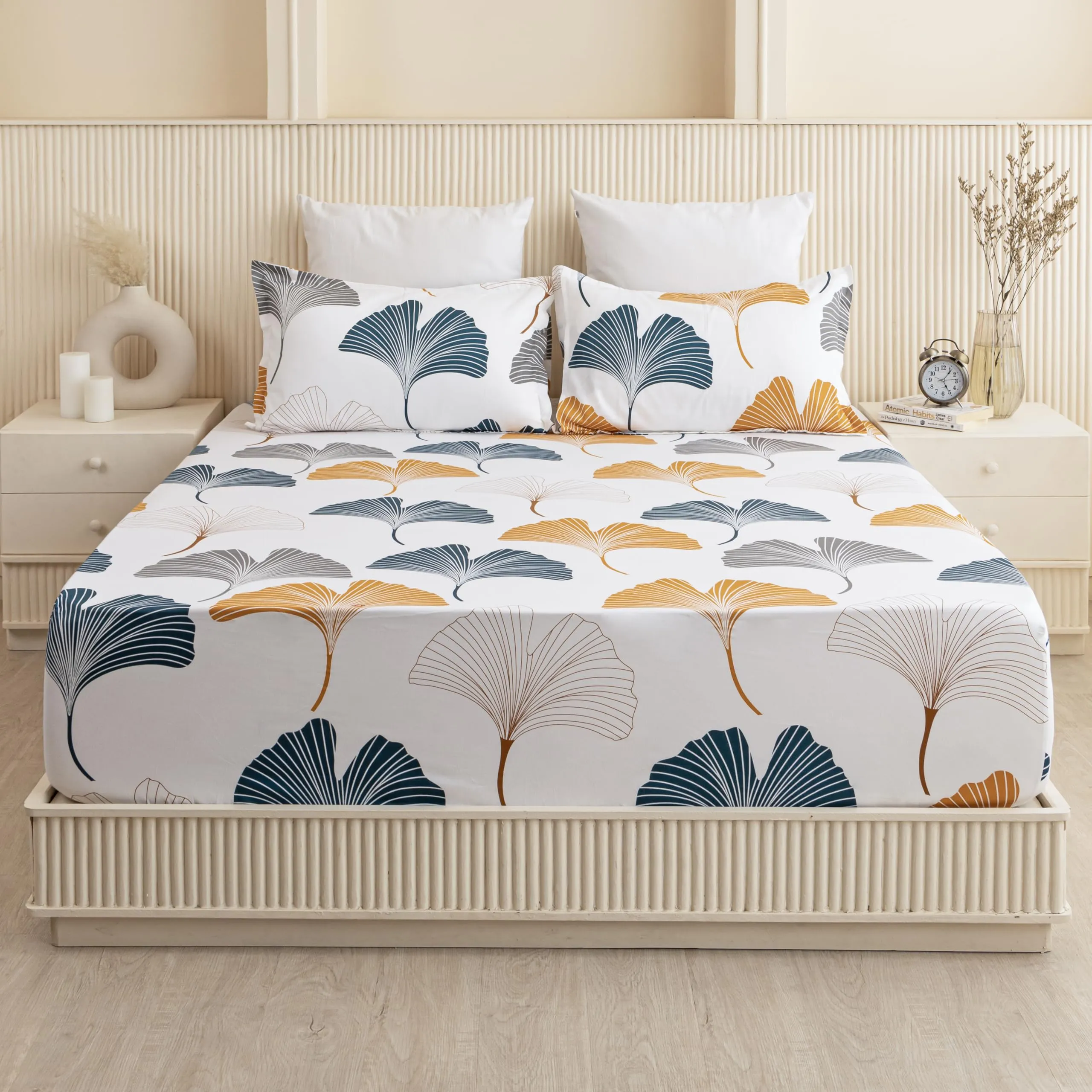 HOMEMONDE Premium Cotton Elastic Fitted Bedsheets with 2 Pillow Cover Leaf Printed Fitted Bed Sheet for Double Size Mattress - 78 x 72 Inch, Mustard and Grey