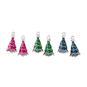 Jewelry Charm Assortment, 2 Each of Blue, Pink, and Green Christmas Tree Charms, Silver Tone with Enamel, 6 Pieces (1 Set)