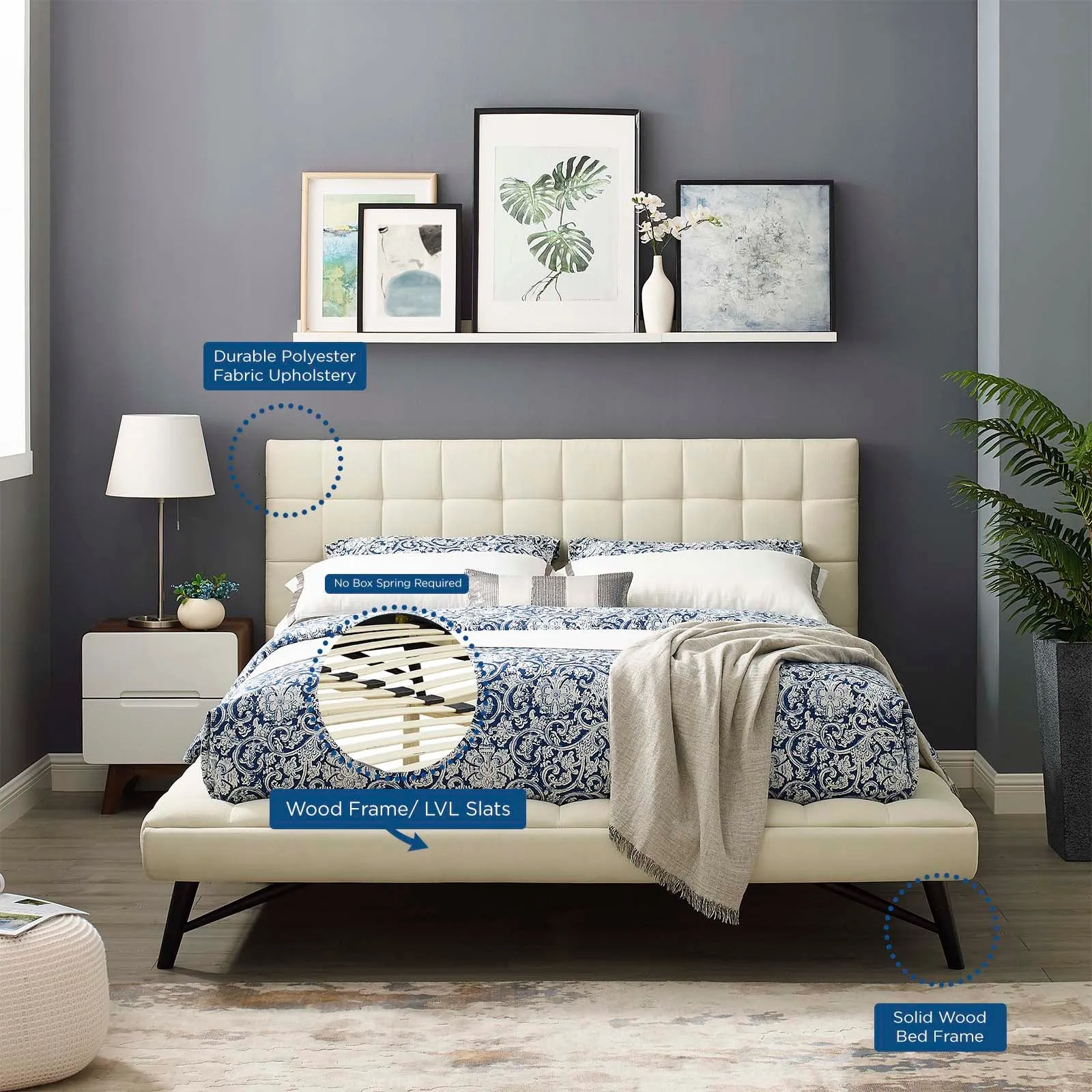 Julia Biscuit Tufted Upholstered Fabric Platform Bed