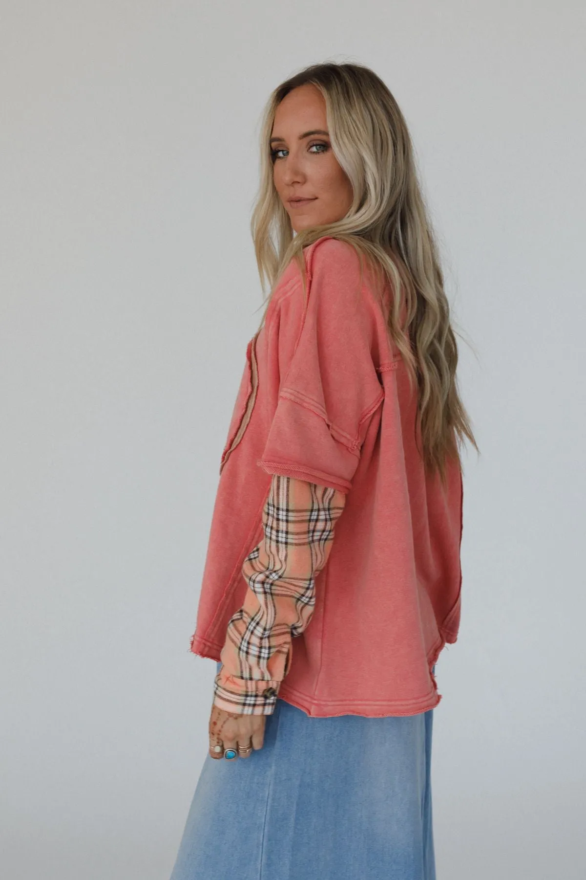 Keep Me Plaid Top - Coral