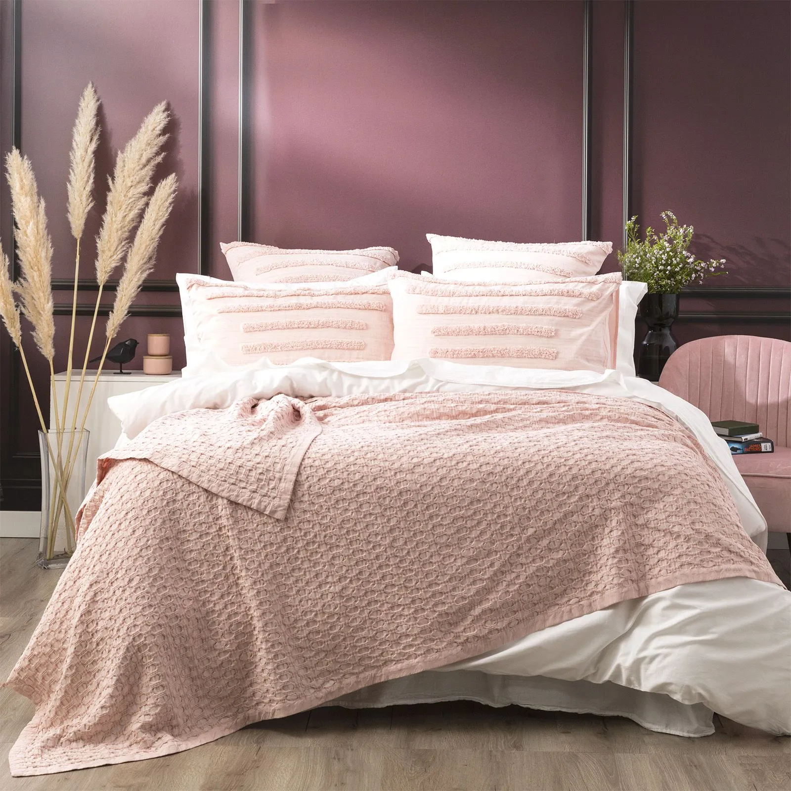 Lexico Washed Cotton Textured Waffle Blanket ROSE By Renee Taylor