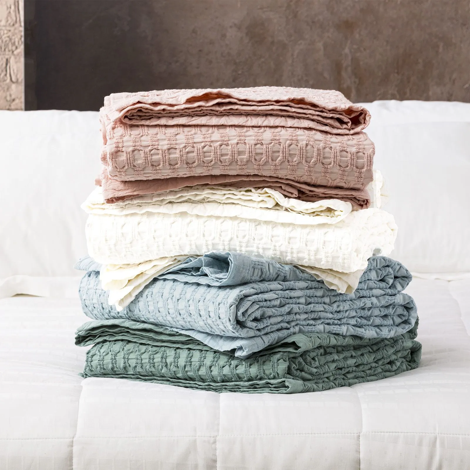 Lexico Washed Cotton Textured Waffle Blanket SKY By Renee Taylor