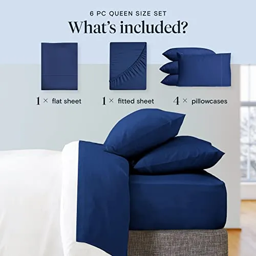 LuxClub 6 PC Sheet Set Sheets Deep Pockets 18" Eco Friendly Wrinkle Free Sheets Machine Washable Hotel Bedding Silky Soft - Navy Queen