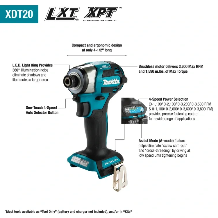 Makita XT297T 18V LXT Lithium-Ion Brushless Cordless 2Pc Combo Kit, XPH14Z, XDT20Z, bag (5.0Ah)   Free Tool