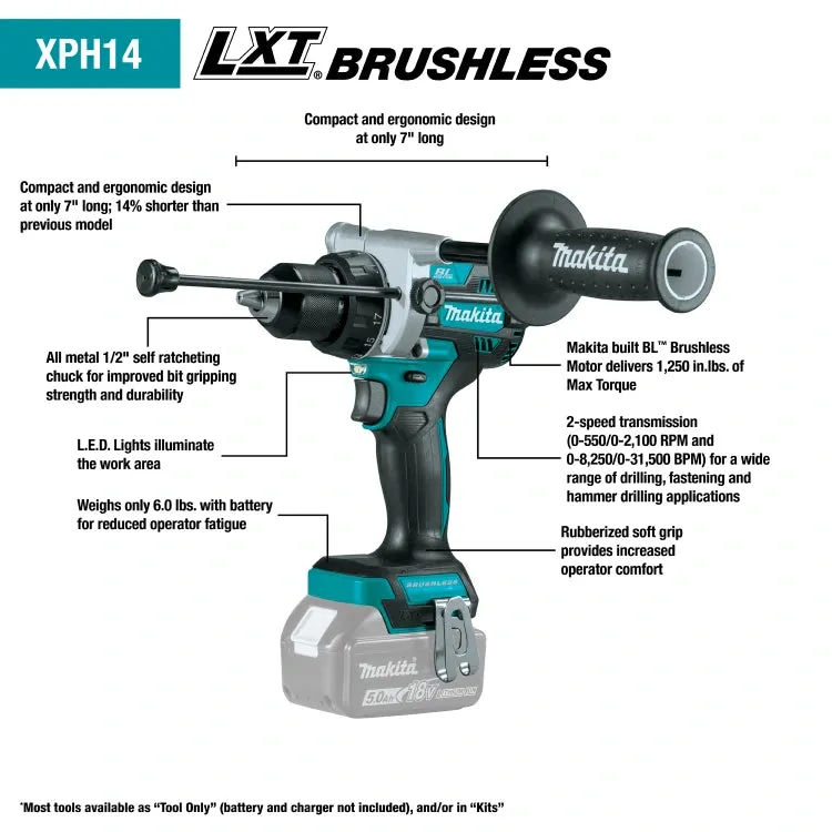 Makita XT297T 18V LXT Lithium-Ion Brushless Cordless 2Pc Combo Kit, XPH14Z, XDT20Z, bag (5.0Ah)   Free Tool