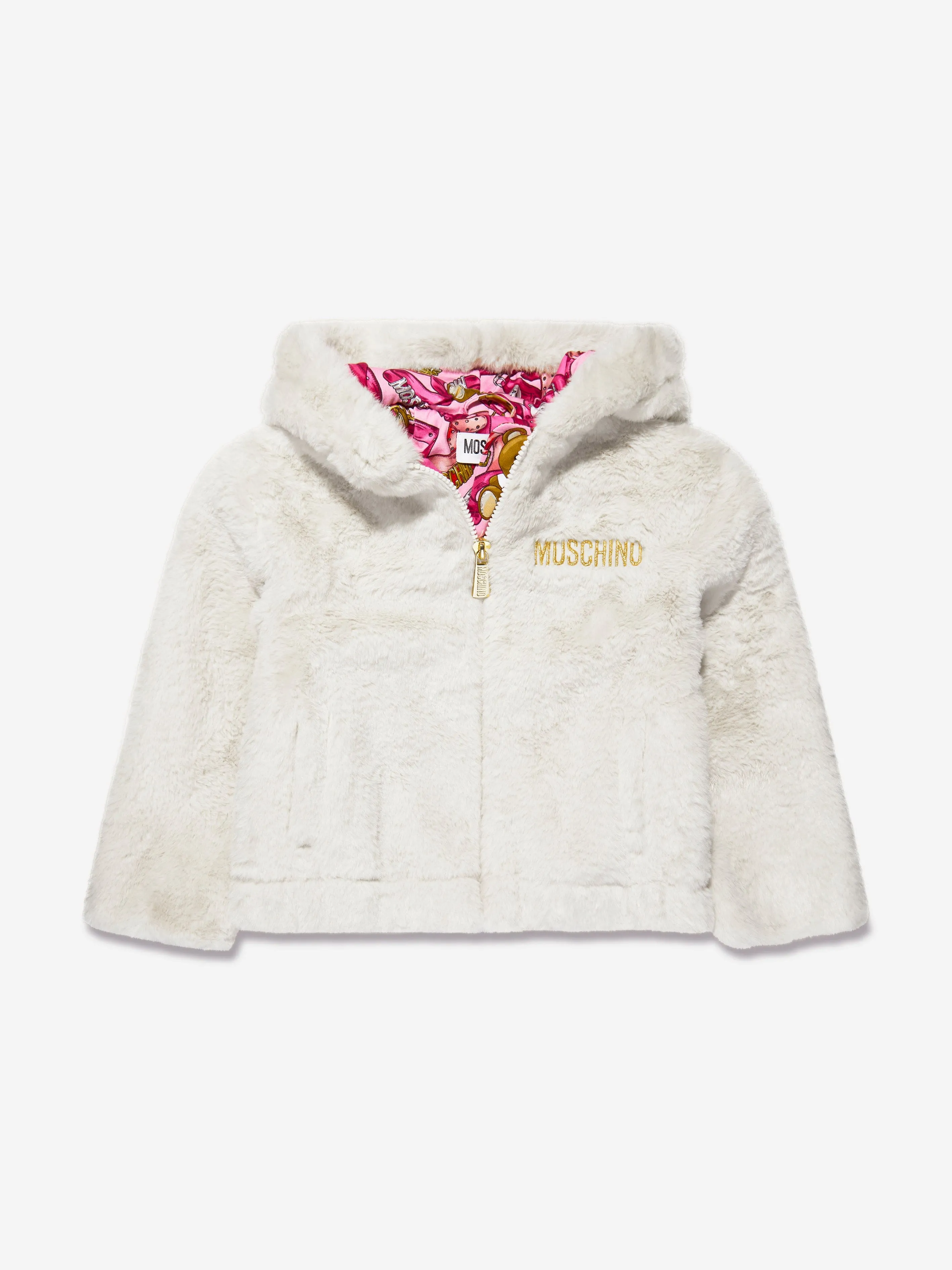 Moschino Girls Hooded Zip Up Jacket in Ivory
