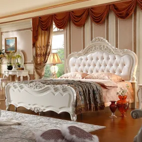 New Design Leather Bed Wood Frame With Resin Carve Flower