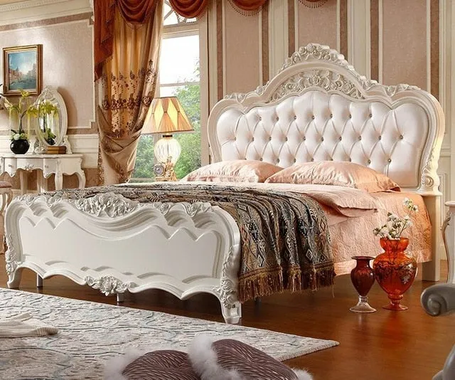 New Design Leather Bed Wood Frame With Resin Carve Flower