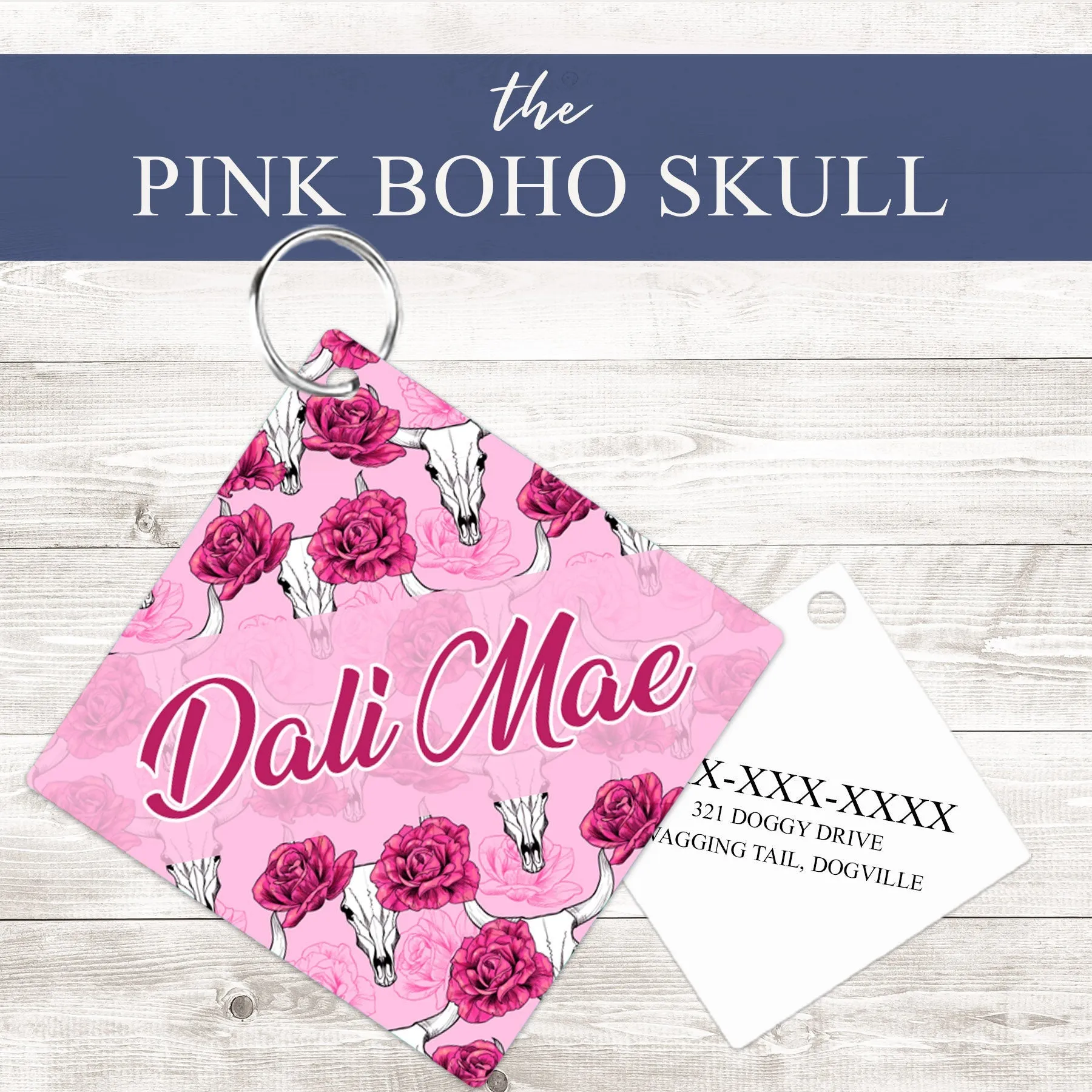 Pet ID Tag | Pink Boho Skull
