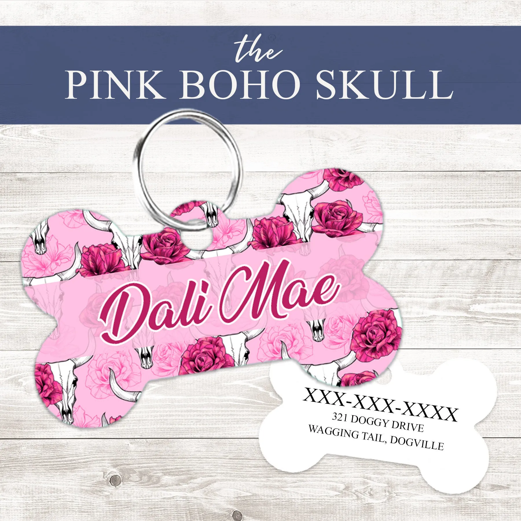 Pet ID Tag | Pink Boho Skull