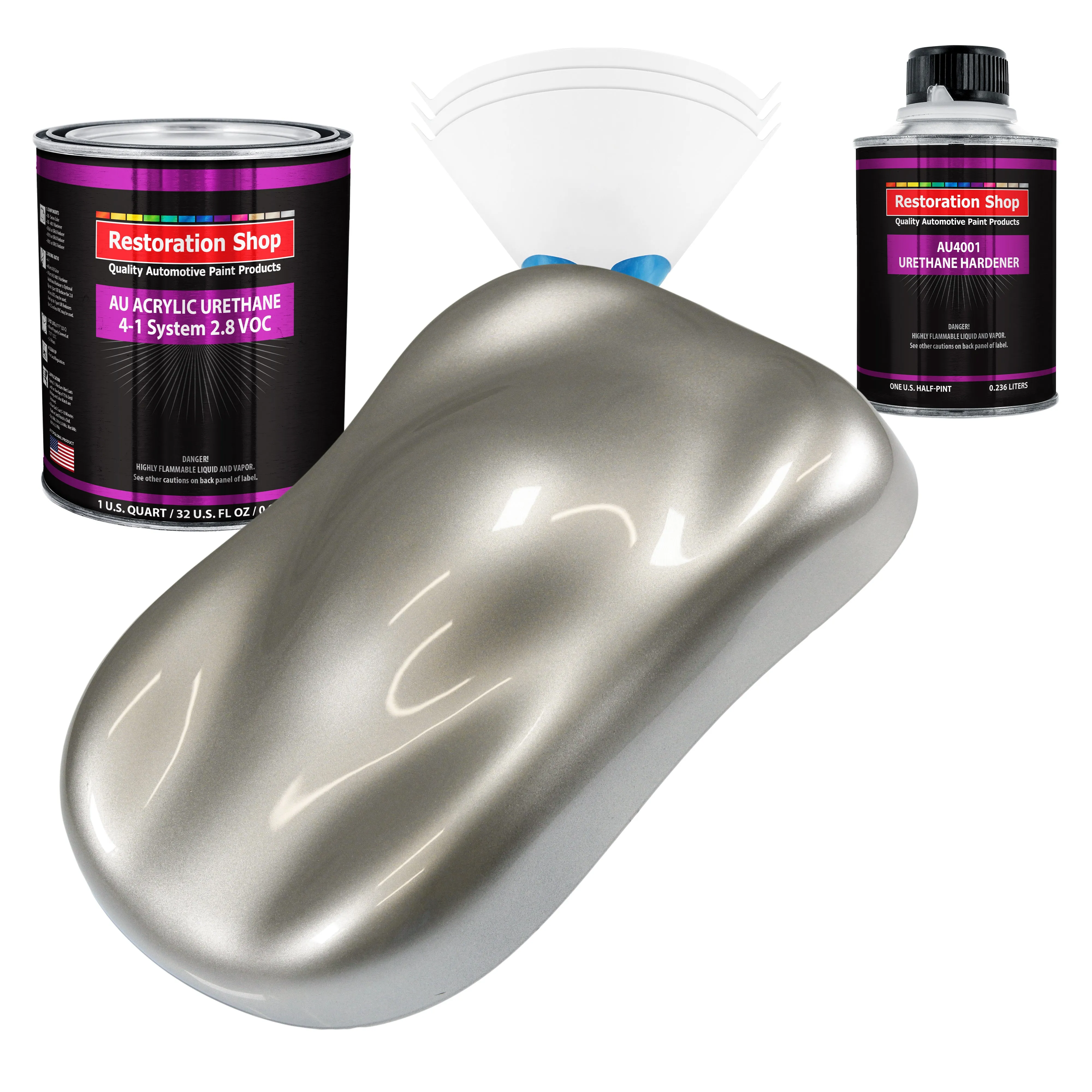 Pewter Silver Metallic Acrylic Urethane Auto Paint - Complete Quart Paint Kit - Professional Single Stage Automotive Car Coating 4:1 Mix Ratio 2.8 VOC