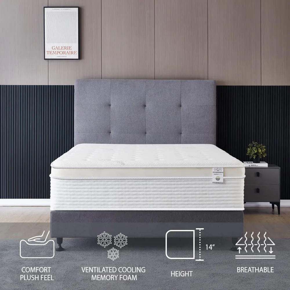 Queen Size Mattress - 14 Inch Cool Memory Foam & Spring Hybrid Mattress with Breathable Cover - Comfort Plush Euro Pillow Top - Rolled in a Box - Oliver & Smith