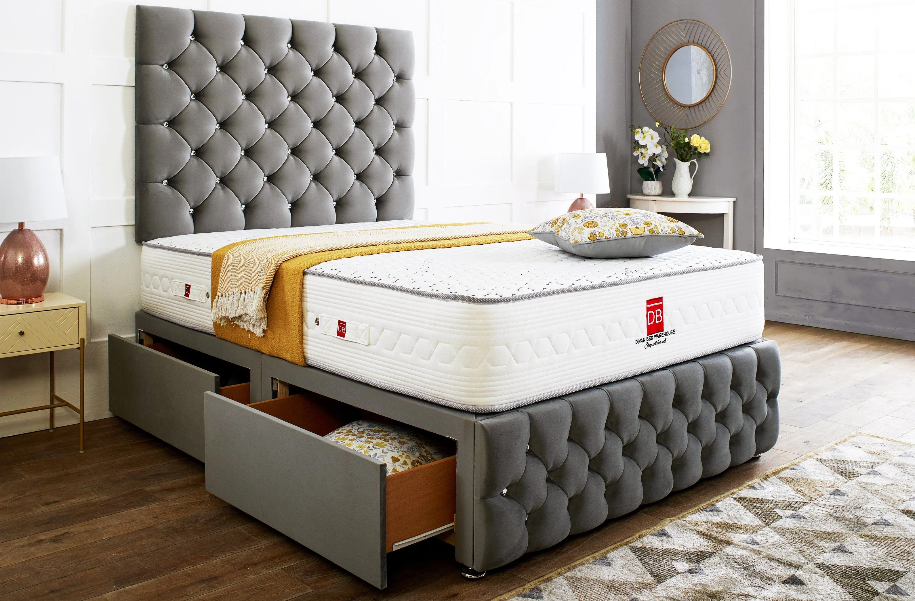 Regency Divan Bed Set With Tall Button Headboard Plus Footboard