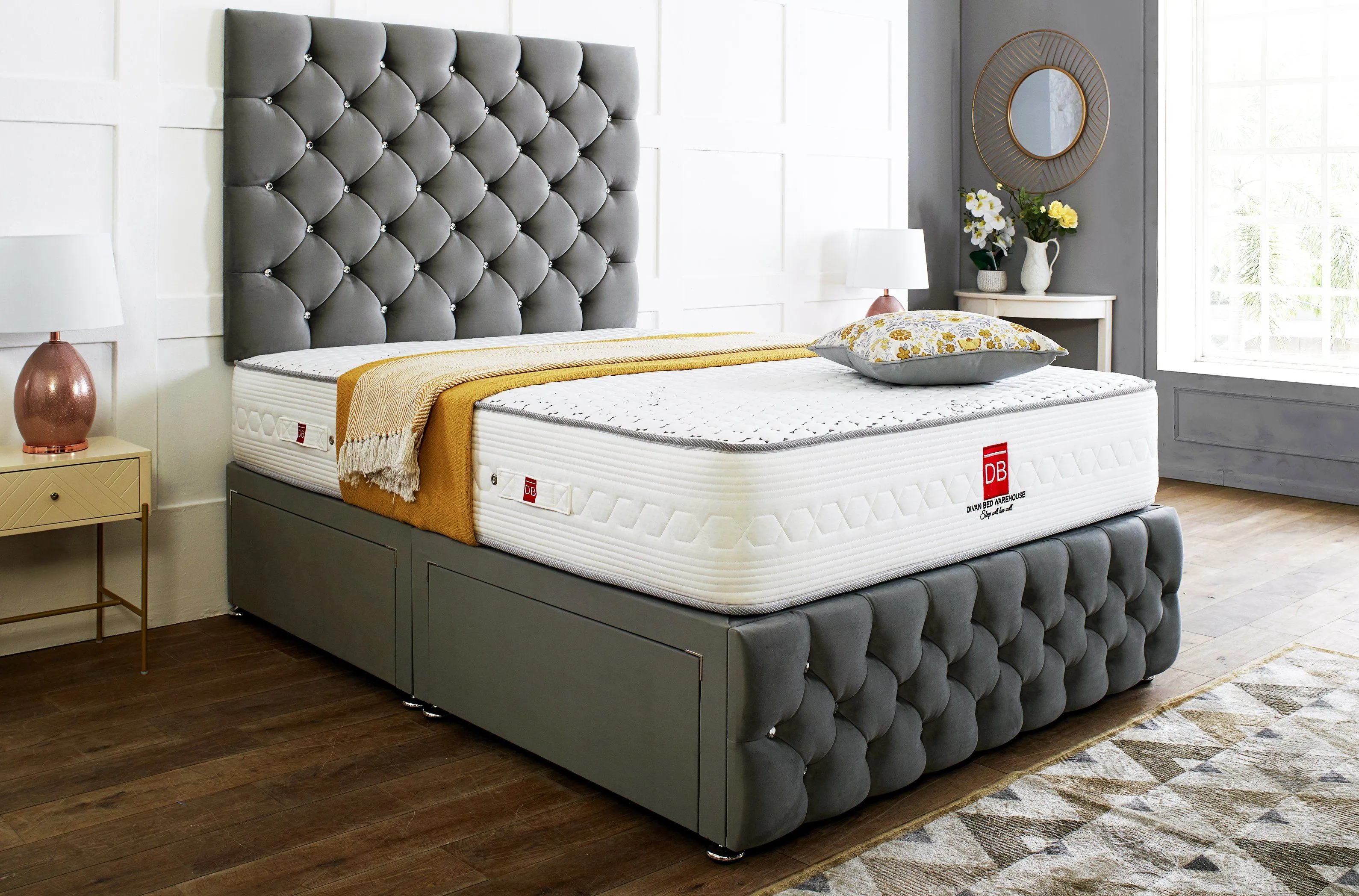Regency Divan Bed Set With Tall Button Headboard Plus Footboard