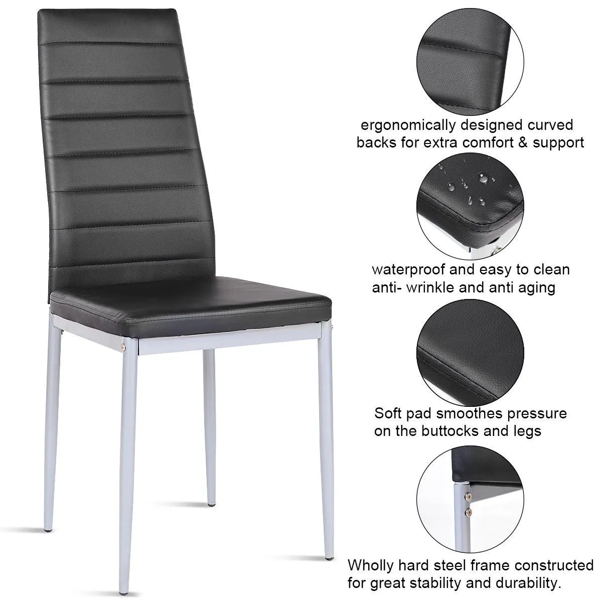Set of 4 PU Leather Dining Side Chairs Elegant Design Home Furniture Black