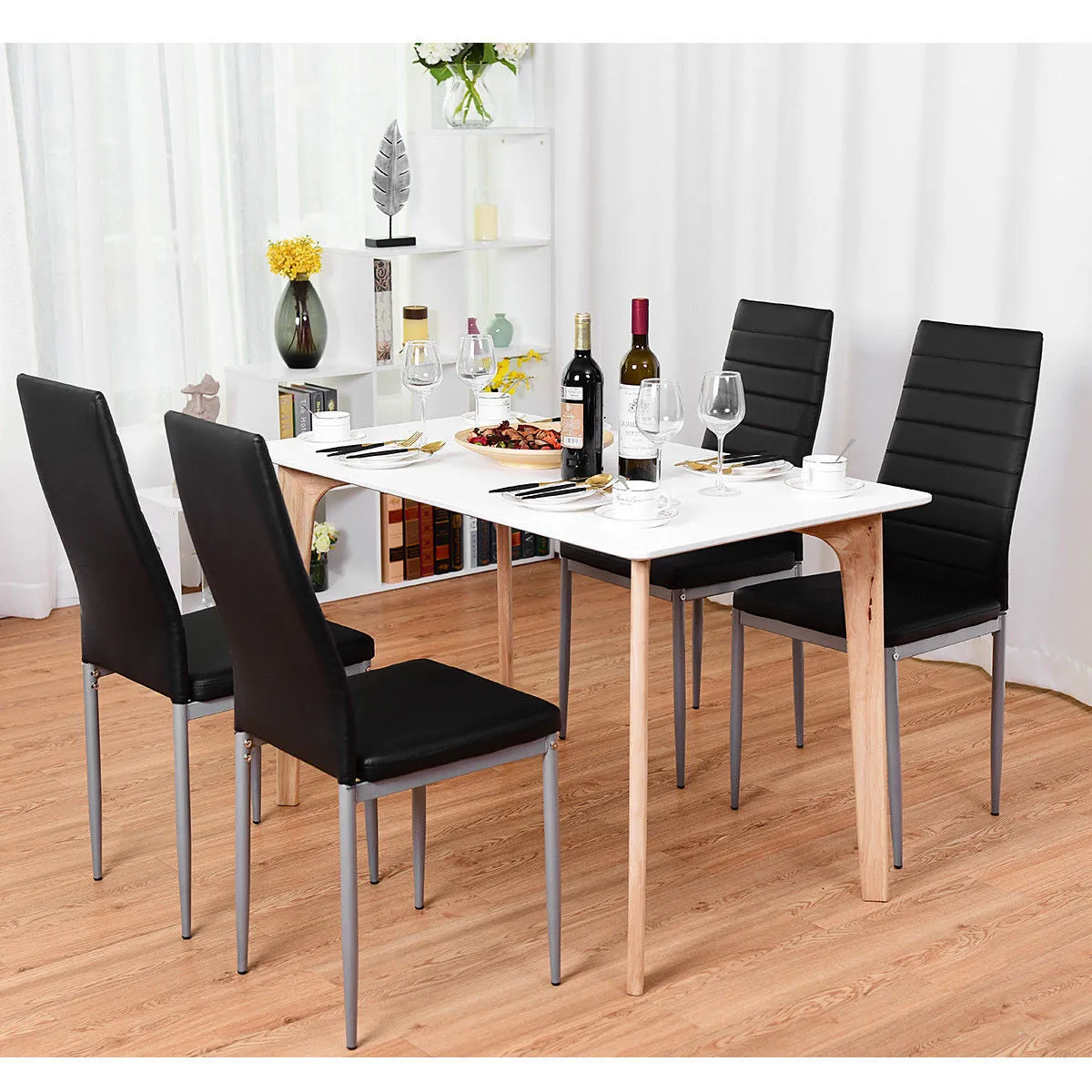 Set of 4 PU Leather Dining Side Chairs Elegant Design Home Furniture Black